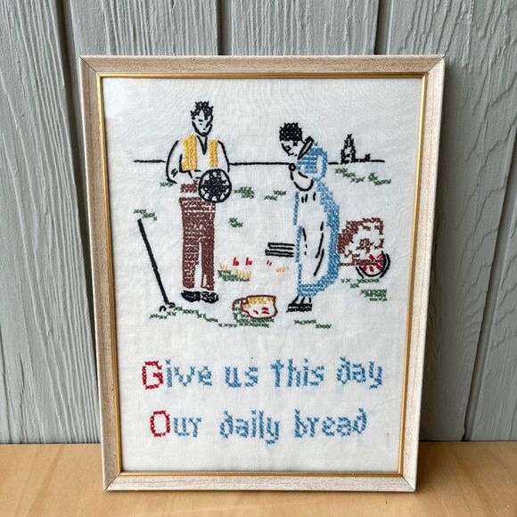 Vintage Framed Cross Stitch “Give Us This Day Our Daily Bread” 9"x12" - Picture 1 of 7